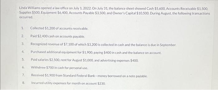 Linda Williams Opened A Law Office On July 1 2022 On July 31 The Balance Sheet Showed Cash 5 600 Accounts Receivabl 1