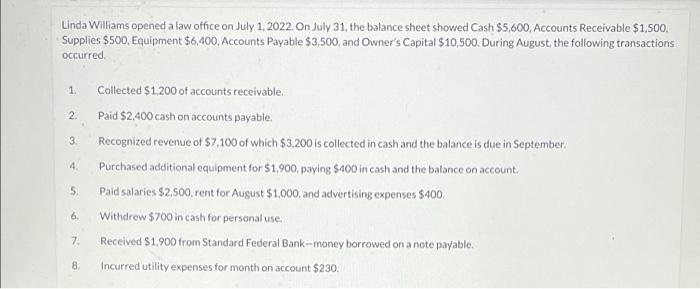 Linda Williams Opened A Law Office On July 1 2022 On July 31 The Balance Sheet Showed Cash 5 600 Accounts Receivabl 1