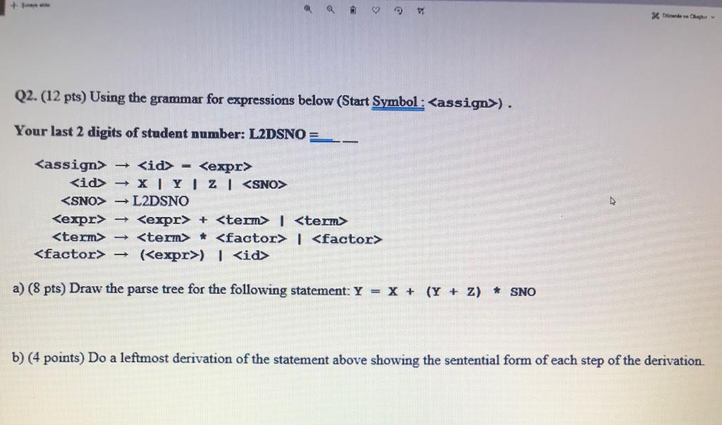 A Behar Q2 12 Pts Using The Grammar For Expressions Below Start Symbol Assign Your Last 2 Digits Of Student 1