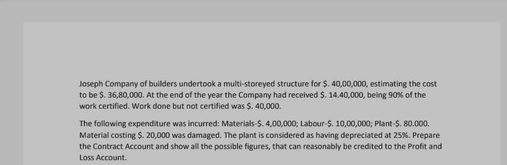Joseph Company Of Builders Undertook A Multi Storeyed Structure For 40 00 000 Estimating The Cost To Be 36 80 000 1