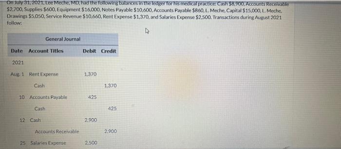 On July 31 2021 Lee Meche Md Had The Following Balances In The Ledger For His Medical Practice Cash 8 900 Account 1
