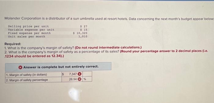 Molander Corporation Is A Distributor Of A Sun Umbrella Used At Resort Hotels Data Concerning The Next Month S Budget A 1