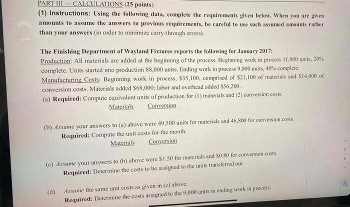 Part Iii Calculations 25 Points 1 Instructions Using The Following Data Complete The Requirements Given Below Whe 1