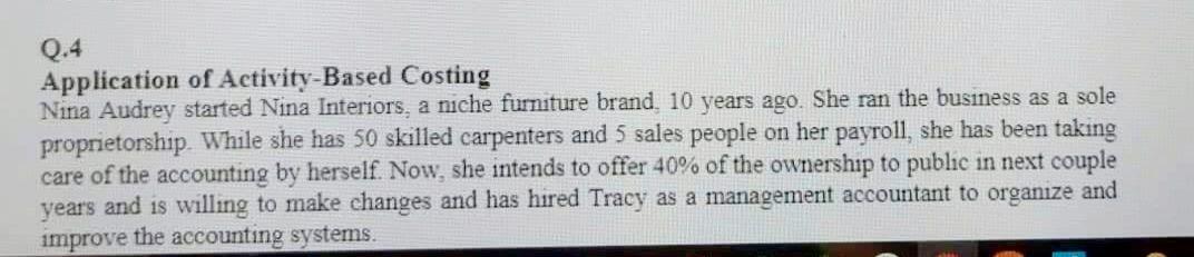 Q 4 Application Of Activity Based Costing Nina Audrey Started Nina Interiors A Niche Furniture Brand 10 Years Ago She 1