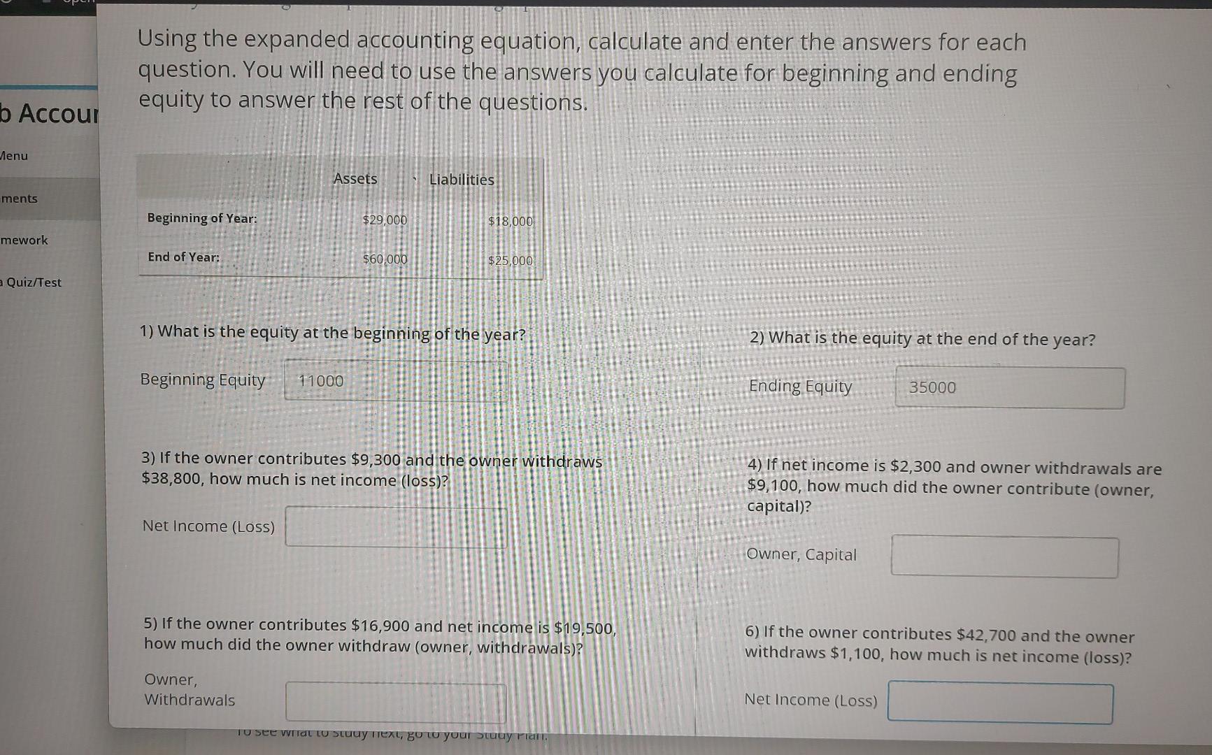 B Accour Menu Ments Mework A Quiz Test Using The Expanded Accounting Equation Calculate And Enter The Answers For Each 1
