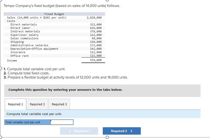 Tempo Company S Fixed Budget Based On Sales Of 14 000 Units Folllows Fixed Budget Sales 14 000 Units X 202 Per Unit 1