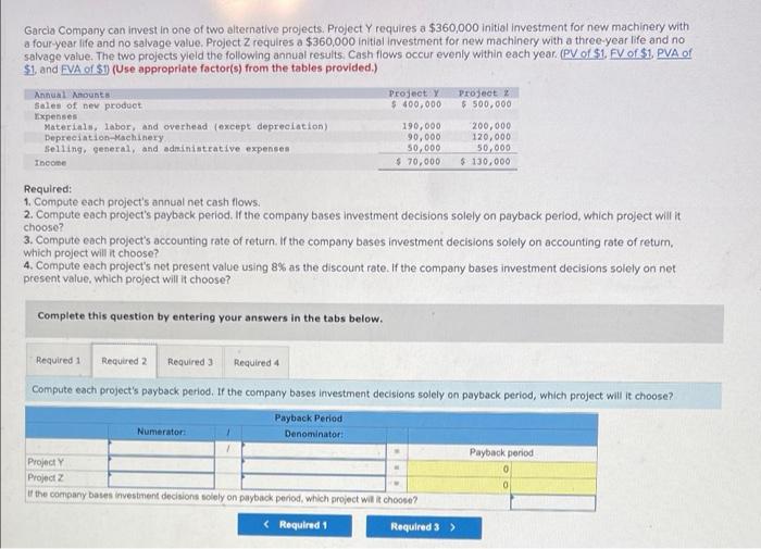 Garcia Company Can Invest In One Of Two Alternative Projects Project Y Requires A 360 000 Initial Investment For New M 2