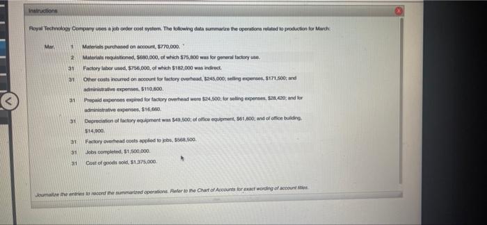 Instructions Royal Technology Company Uses A Job Order Cost System The Following Data Summarize The Operations Related 1