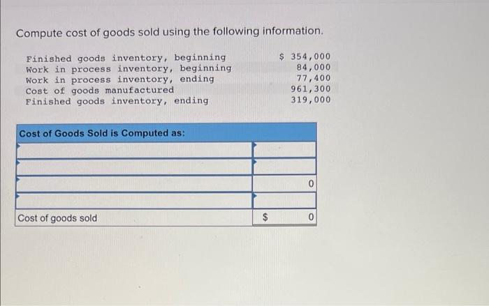 Compute Cost Of Goods Sold Using The Following Information 354 000 84 000 Finished Goods Inventory Beginning Work In 1