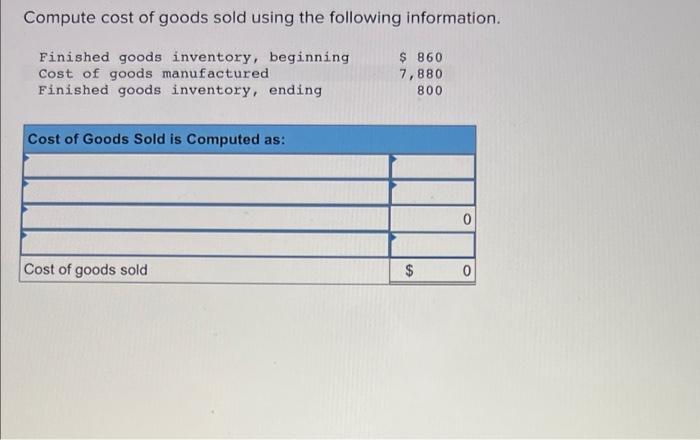 Compute Cost Of Goods Sold Using The Following Information 860 Finished Goods Inventory Beginning Cost Of Goods Manu 1