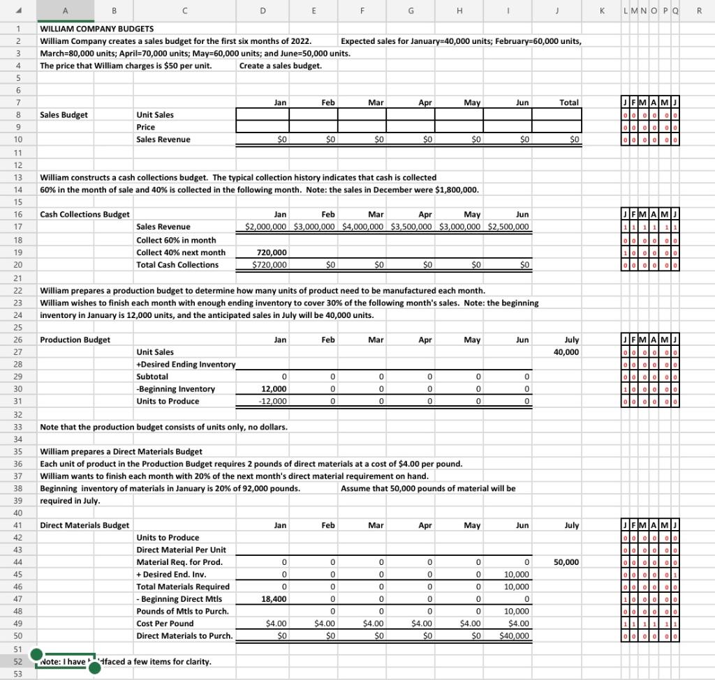 4 B D E F G H I J K 1 William Company Budgets 2 William Company Creates A Sales Budget For The First Six Months Of 2022 1