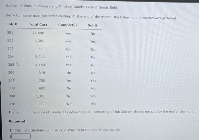 Balance Of Work In Process And Finished Goods Cost Of Goods Sold Derry Company Uses Job Order Costing At The End Of Th 1
