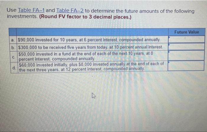 Use Table Fa 1 And Table Fa 2 To Determine The Future Amounts Of The Following Investments Round Fv Factor To 3 Decima 1