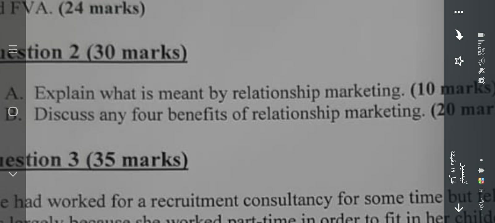 Fva 24 Marks Estion 2 30 Marks A Explain What Is Meant By Relationship Marketing 10 Marks D Discuss Any Four Be 1