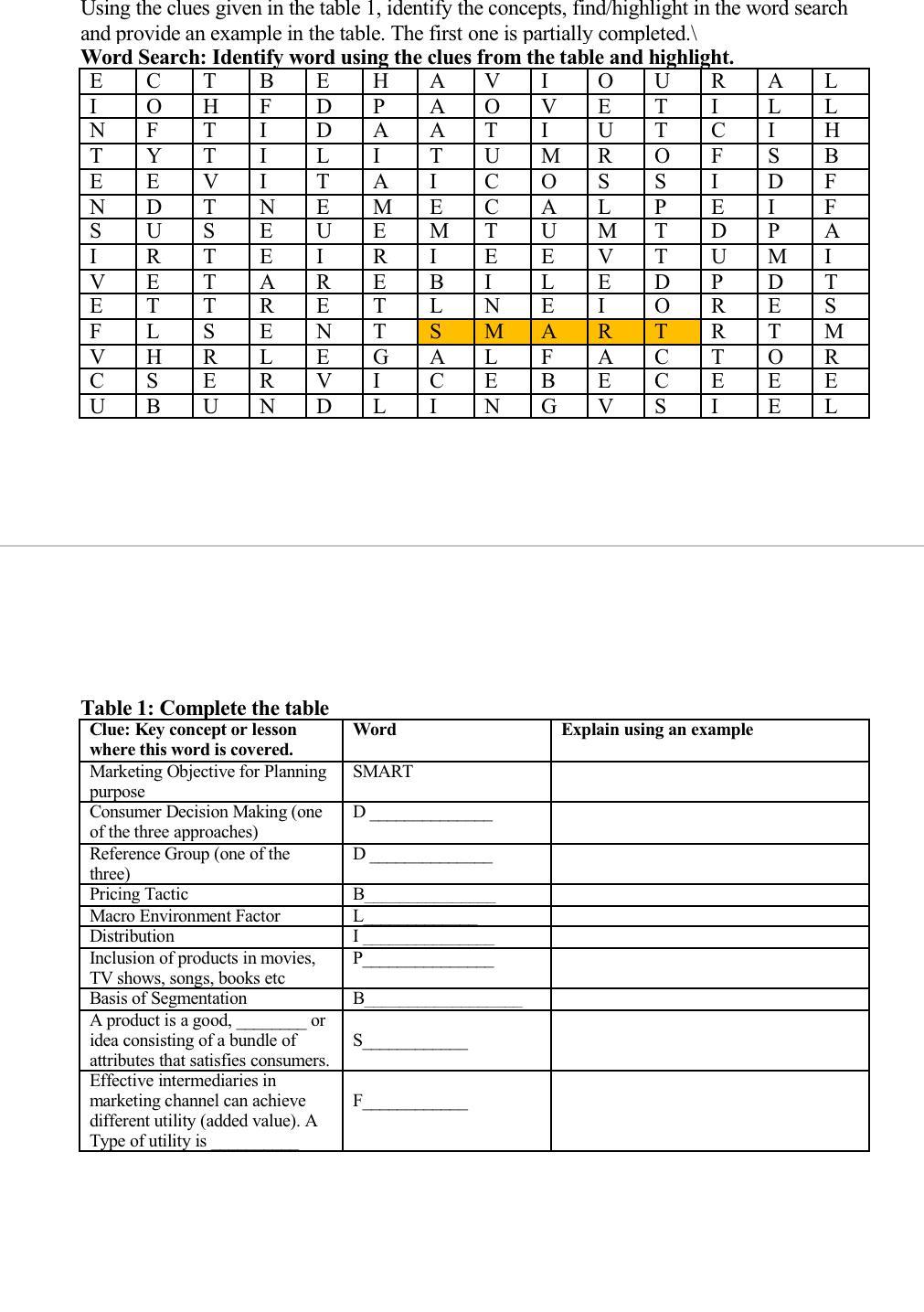 Using The Clues Given In The Table 1 Identify The Concepts Find Highlight In The Word Search And Provide An Example In 1