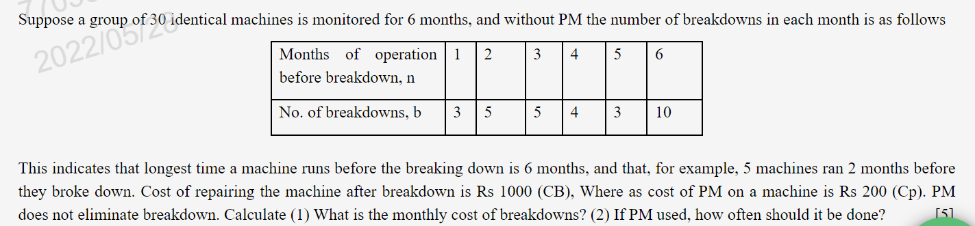 Suppose A Group Of 30 Identical Machines Is Monitored For 6 Months And Without Pm The Number Of Breakdowns In Each Mont 1