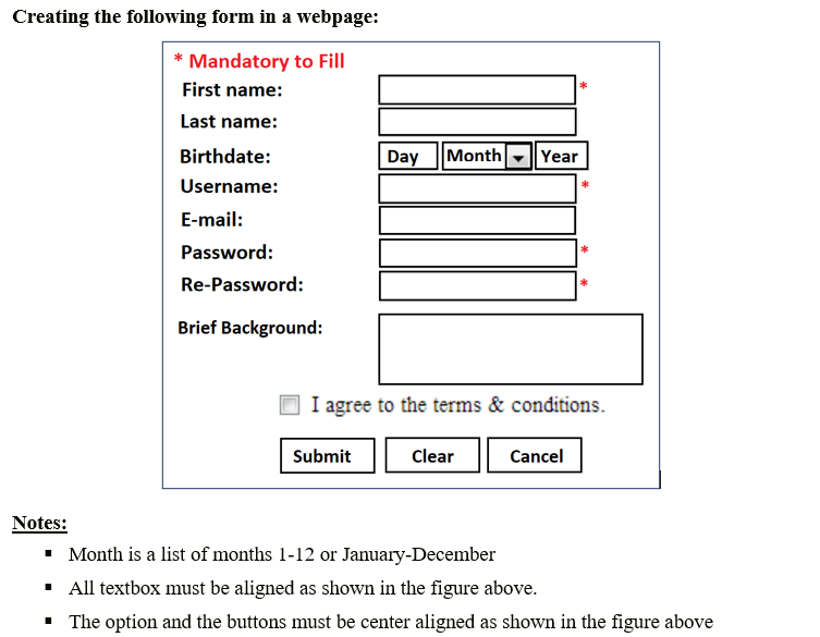 Creating The Following Form In A Webpage Day Month Year Mandatory To Fill First Name Last Name Birthdate Username 1