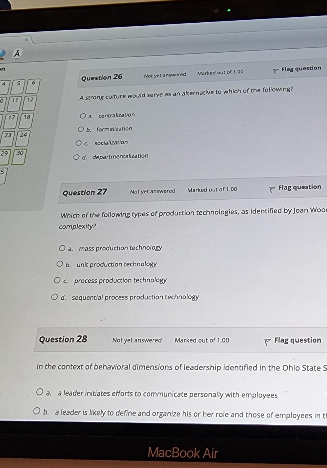 On 4 0 A 5 6 11 12 18 29 5 17 23 24 30 P Flag Question Marked Out Of 1 00 Question 26 Not Yet Answered A Strong Culture 2