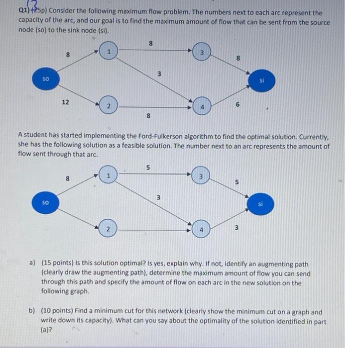 Q1 25p Consider The Following Maximum Flow Problem The Numbers Next To Each Arc Represent The Capacity Of The Arc A 1