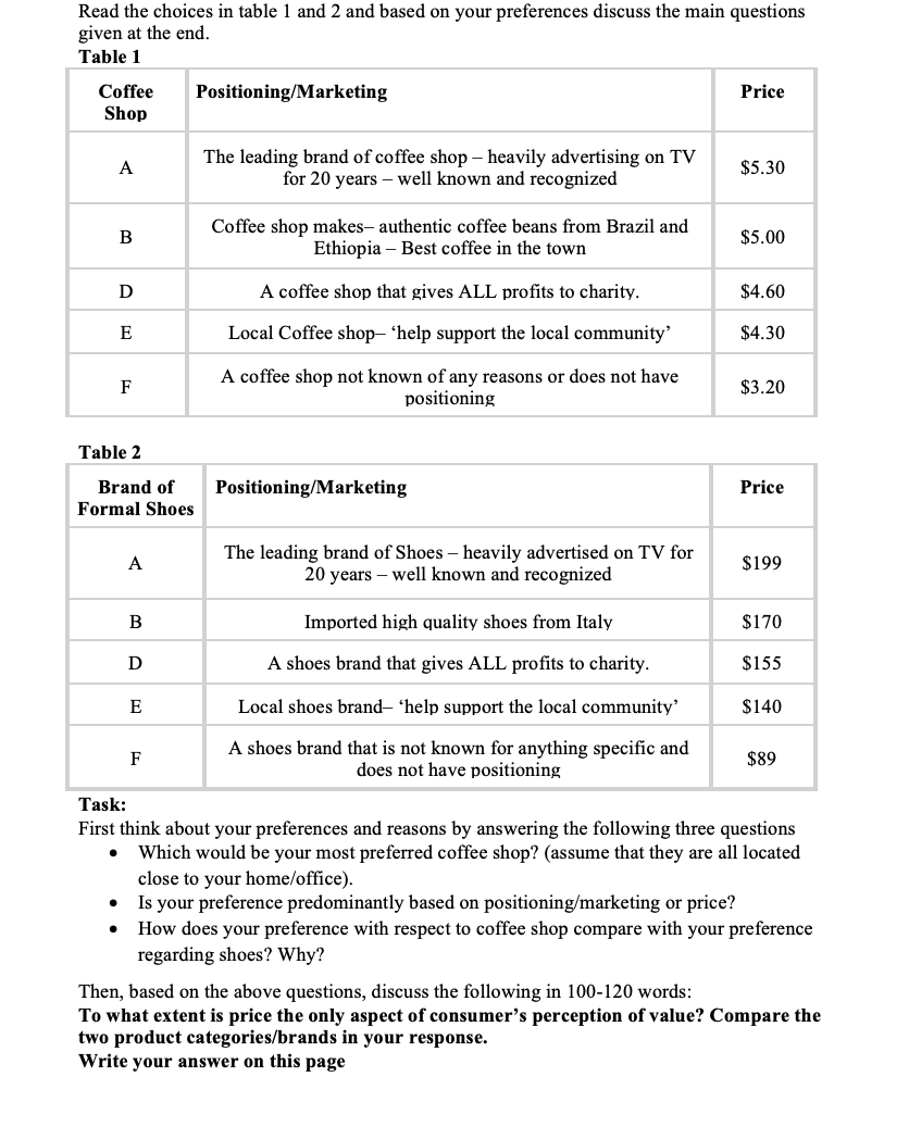 Read The Choices In Table 1 And 2 And Based On Your Preferences Discuss The Main Questions Given At The End Table 1 Pos 1