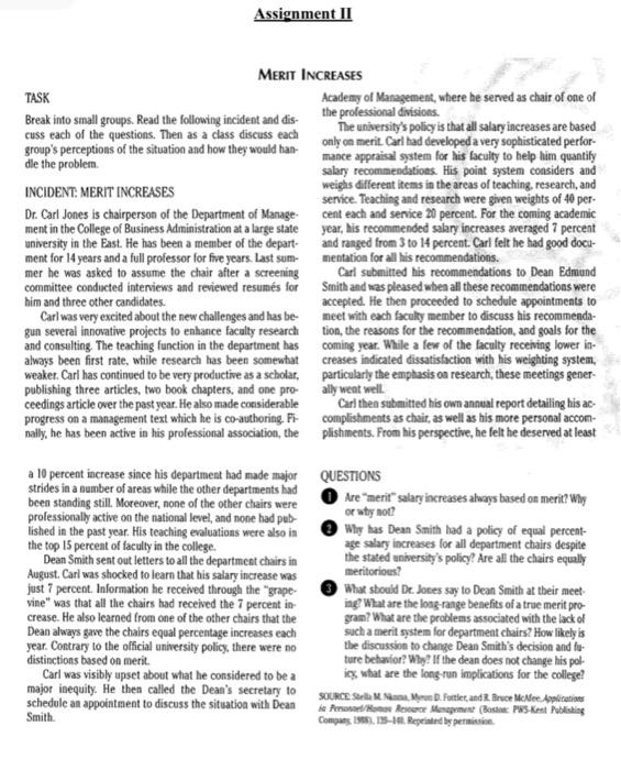 Assignment Ii Merit Increases Task Break Into Small Groups Read The Following Incident And Dis Cuss Each Of The Questi 1