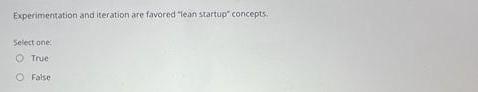 Experimentation And Iteration Are Favored Lean Startup Concepts Select One True O False 1