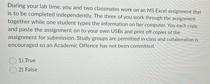 During Your Lab Time You And Two Classmates Work On An Ms Excel Assignment That Is To Be Completed Independently The T 1