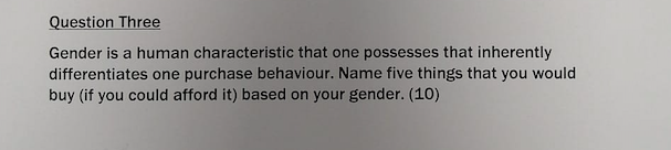 Question Three Gender Is A Human Characteristic That One Possesses That Inherently Differentiates One Purchase Behaviour 1