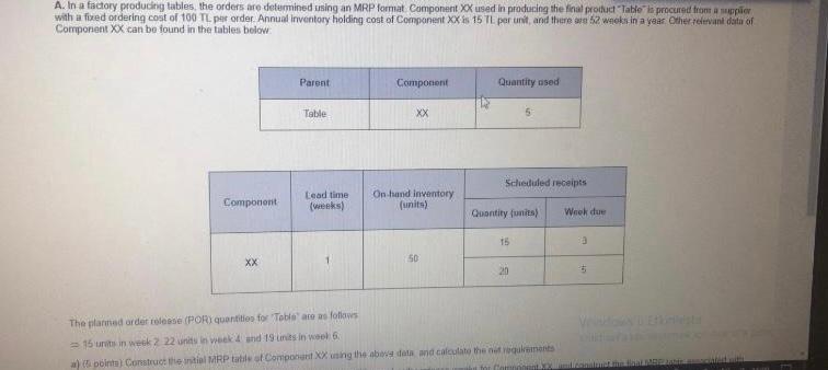 A In A Factory Producing Tables The Orders Are Determined Using An Mrp Format Component Xx Used In Producing The Final 1