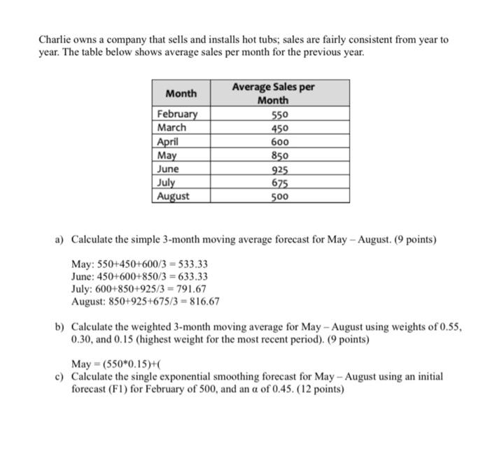 Charlie Owns A Company That Sells And Installs Hot Tubs Sales Are Fairly Consistent From Year To Year The Table Below 1