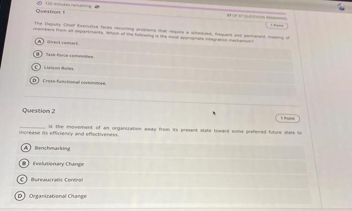 120 Minutes Remaining Question 1 37 Of 37 Questions Remaining 1 Point The Deputy Chief Executive Faces Recurring Problem 1