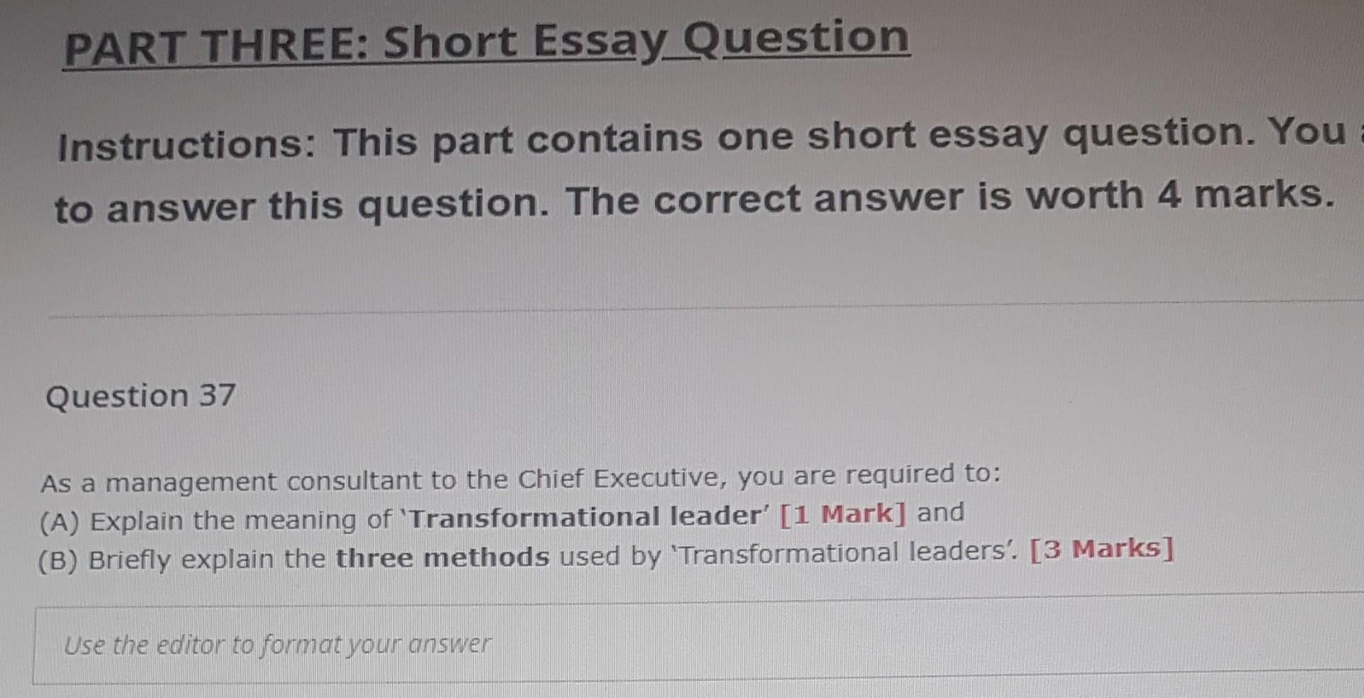 Part Three Short Essay Question Instructions This Part Contains One Short Essay Question You To Answer This Question 1