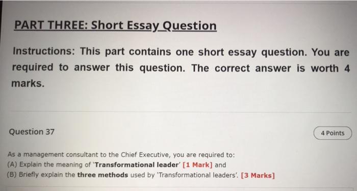 Part Three Short Essay Question Instructions This Part Contains One Short Essay Question You Are Required To Answer T 1
