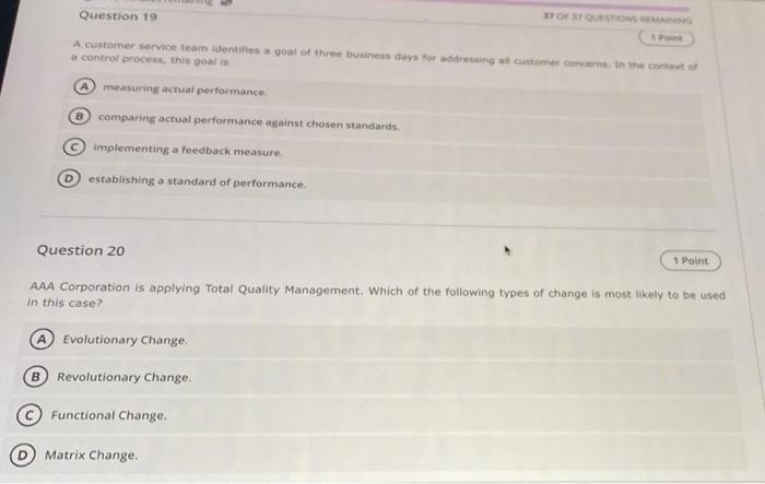 Question 19 1 Point A Customer Service Team Identifies A Goal Of Three Business Days For Addressing All Customer Concern 1