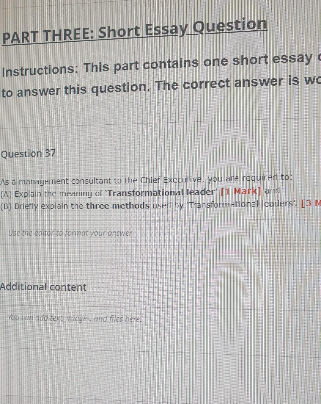 Part Three Short Essay Question Instructions This Part Contains One Short Essay C To Answer This Question The Correct 1