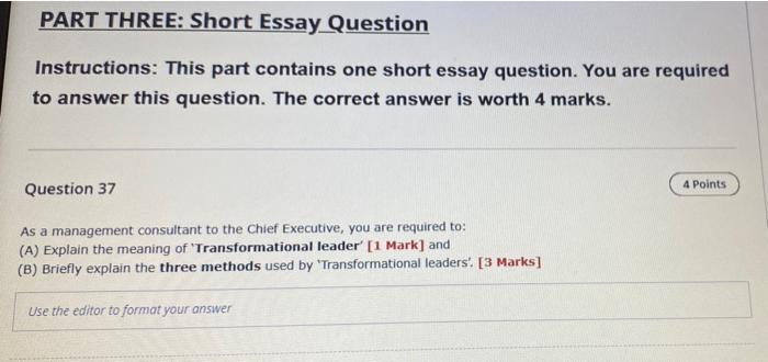 Part Three Short Essay Question Instructions This Part Contains One Short Essay Question You Are Required To Answer T 1
