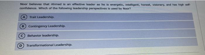 Noor Believes That Ahmed Is An Effective Leader As He Is Energetic Intelligent Honest Visionary And Has High Self C 1