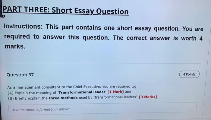 Part Three Short Essay Question Instructions This Part Contains One Short Essay Question You Are Required To Answer T 1