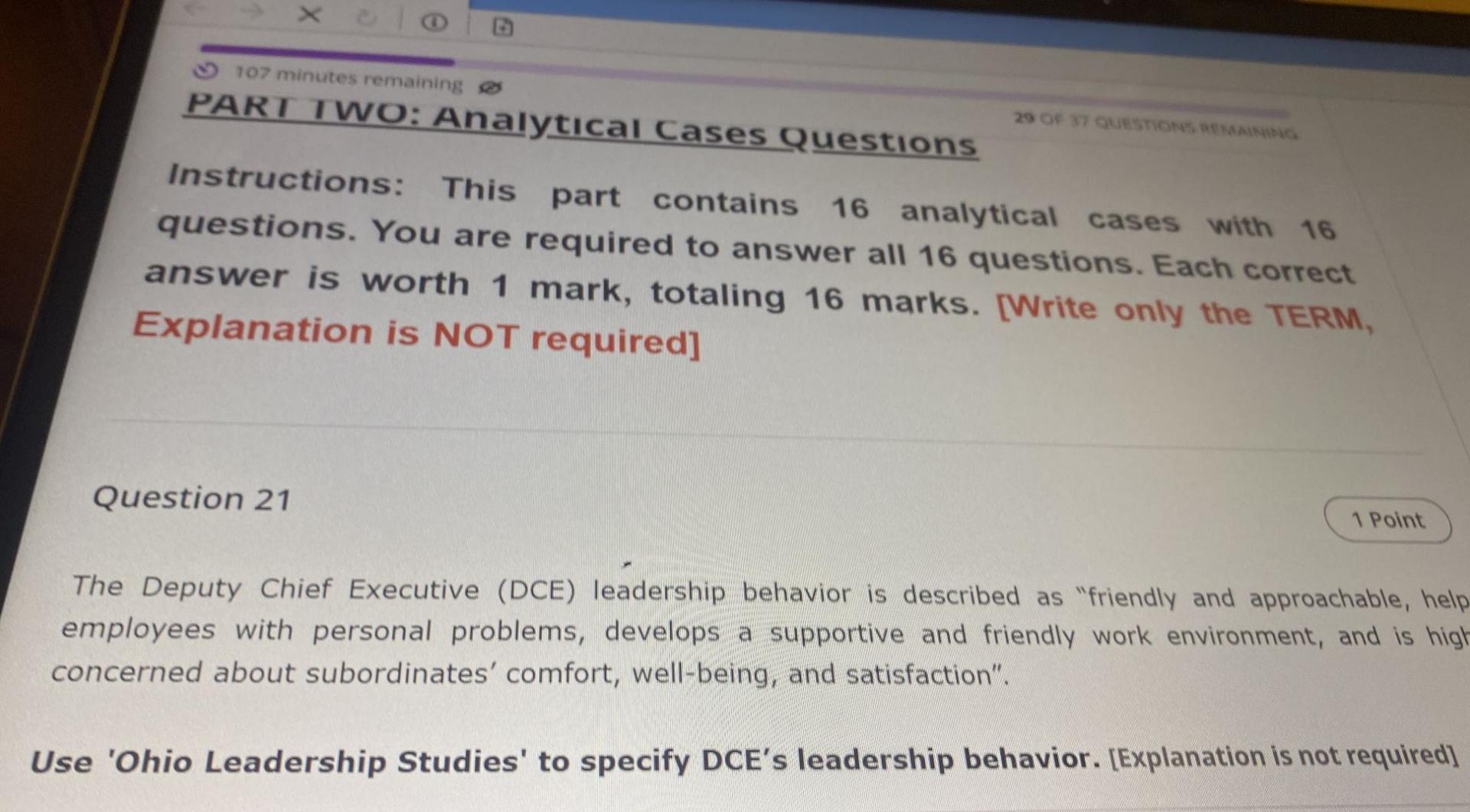 C 107 Minutes Remaining O 29 Of 37 Questions Remaining Part Two Analytical Cases Questions Instructions This Part Co 1