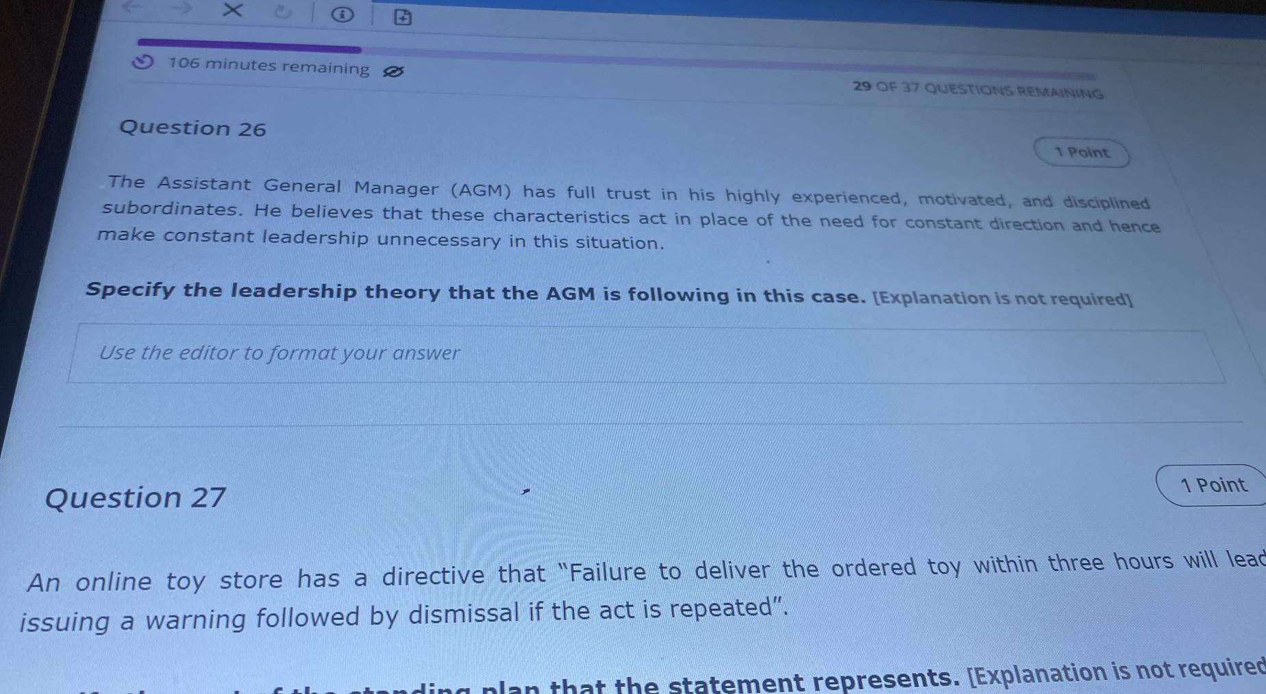 X 106 Minutes Remaining 29 Of 37 Questions Remaining Question 26 1 Point The Assistant General Manager Agm Has Full Tr 1