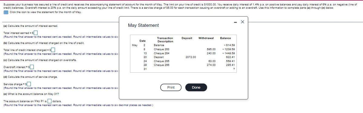 Suppose Your Business Has Secured A Line Of Credit And Receives The Accompanying Statement Of Account For The Month Of M 1
