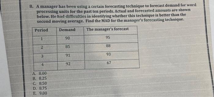 8 A Manager Has Been Using A Certain Forecasting Technique To Forecast Demand For Word Processing Units For The Past Te 1