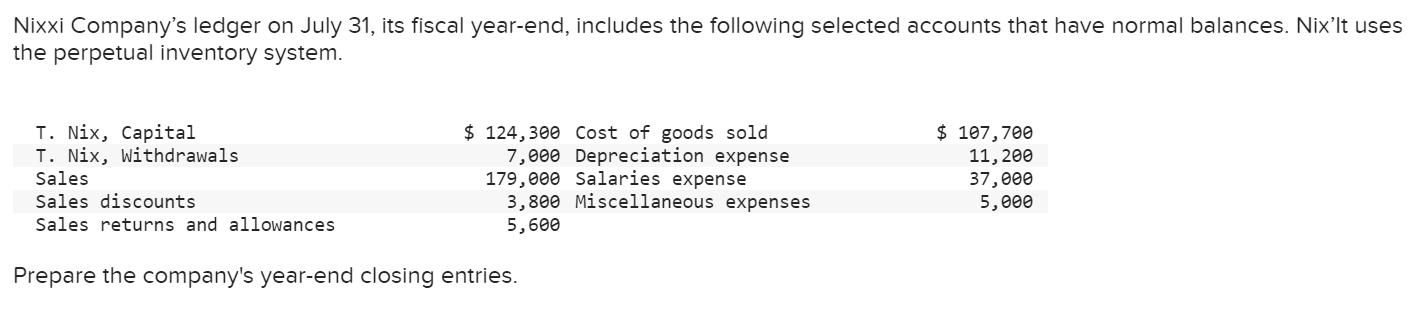 Nixxi Company S Ledger On July 31 Its Fiscal Year End Includes The Following Selected Accounts That Have Normal Balanc 1
