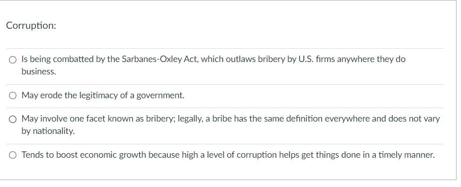 Corruption Is Being Combatted By The Sarbanes Oxley Act Which Outlaws Bribery By U S Firms Anywhere They Do Business 1