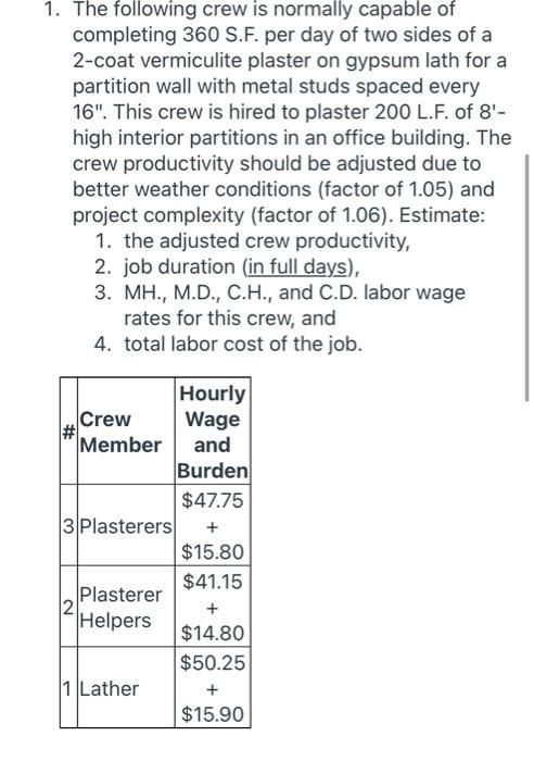 1 The Following Crew Is Normally Capable Of Completing 360 S F Per Day Of Two Sides Of A 2 Coat Vermiculite Plaster On 1