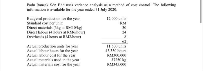 Padu Rancak Sdn Bhd Uses Variance Analysis As A Method Of Cost Control The Following Information Is Available For The Y 1