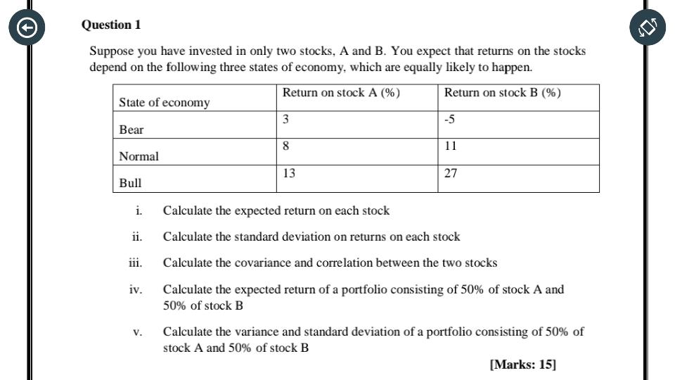 Question 1 Suppose You Have Invested In Only Two Stocks A And B You Expect That Returns On The Stocks Depend On The Fo 1