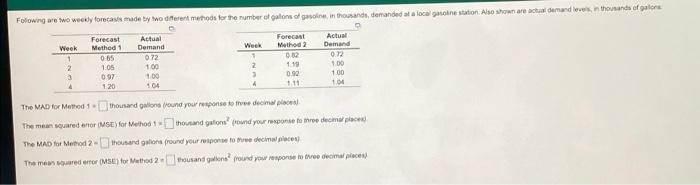 Following Are Two Weekly Forecasts Made By Two Different Methods For The Number Of Gatons Of Gasoline In Thousands Dem 1