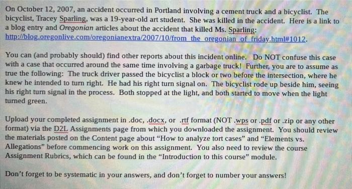 On October 12 2007 An Accident Occurred In Portland Involving A Cement Truck And A Bicyclist The Bicyclist Tracey Sp 1
