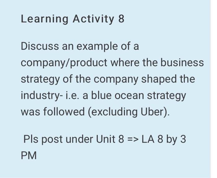 Learning Activity 8 Discuss An Example Of A Company Product Where The Business Strategy Of The Company Shaped The Indust 1